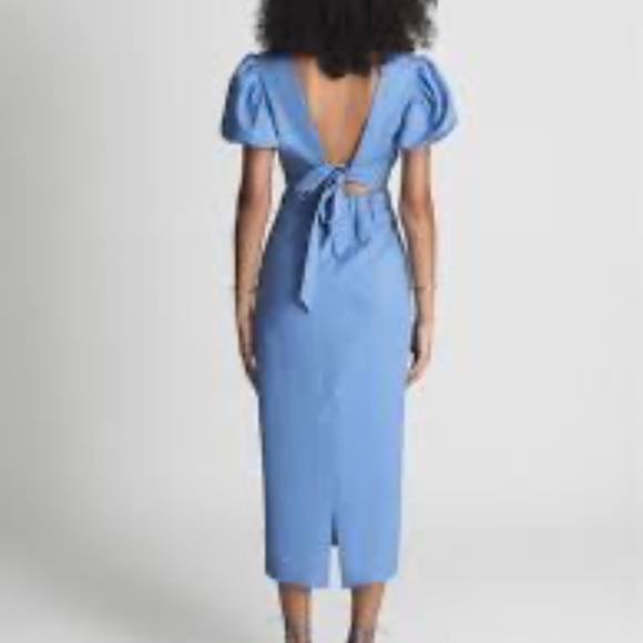 REISS Jennah Puff Sleeve Cut Out Back Midi Dress in Blue UK Size 10 NWT - Picture 2 of 8